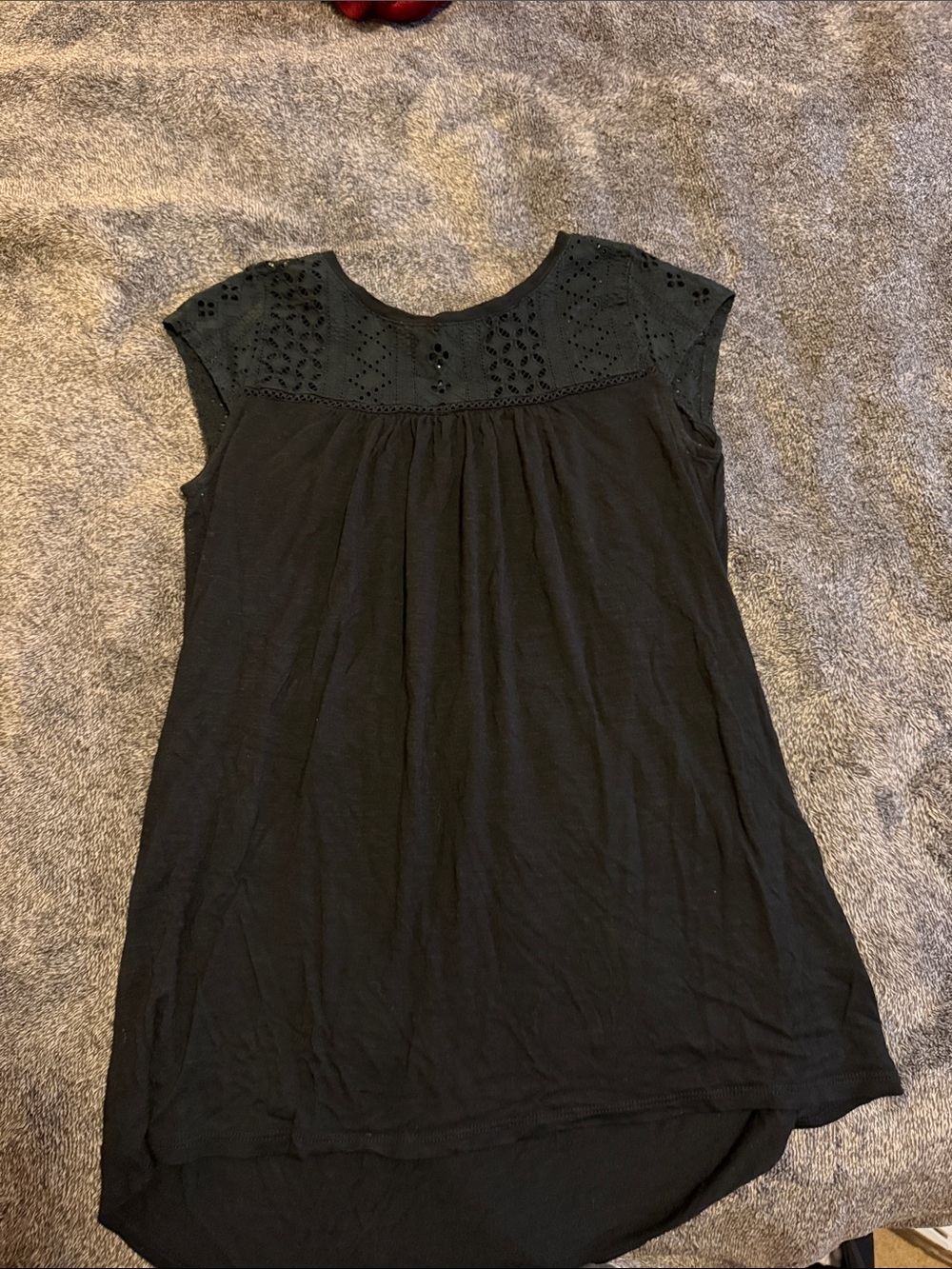 Womens Black Cap Sleeve Eyelet Yoke Top